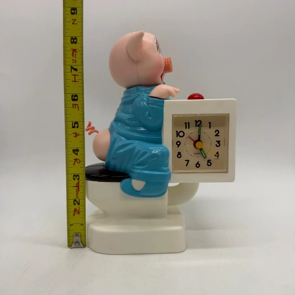 Pig in Pajamas on Toilet Quartz Alarm Clock Blue Novelty Vintage For Parts